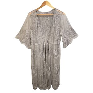 Anthropologie POL Kimono Women Small Gray Sheer Lace  Boho Cottage Romantic